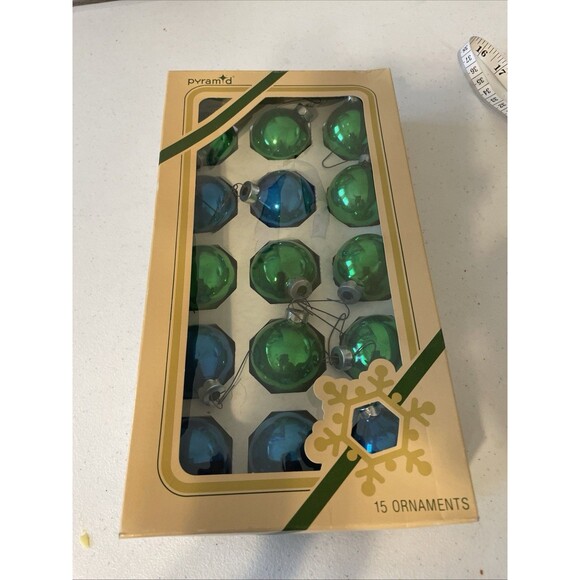 Vintage Pyramid Christmas Ornaments One Box of 15 Blue Green Glass Bulbs 2” - Picture 1 of 10
